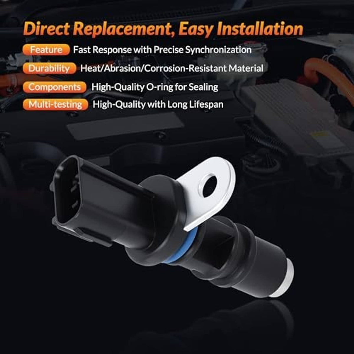 Camshaft position sensor with blue o-ring and metal mounting loop