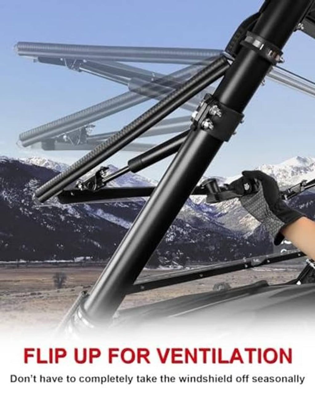 Flip-up UTV windshield strut and hinge hardware for ventilation support