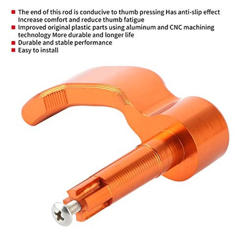 Orange anodized thumb throttle lever with curved press pad and mounting screw