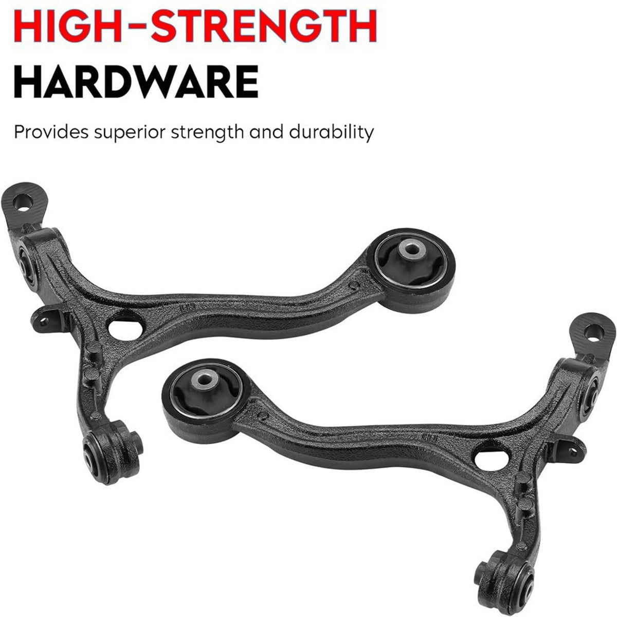 Front suspension control arms with ball joints and rubber bushings, black with silver centers