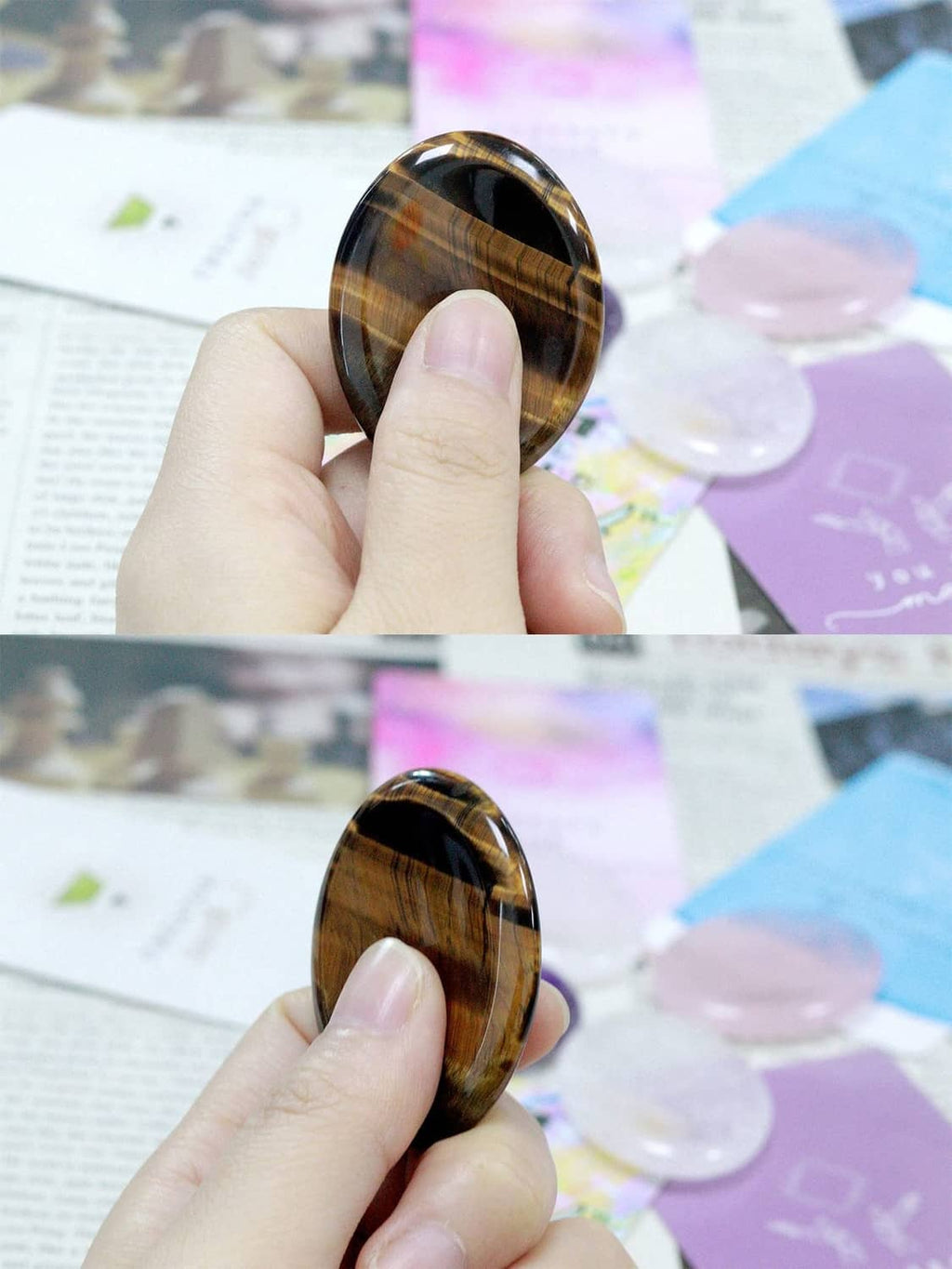 Thumb worry stone: brown tiger's eye oval held in hand