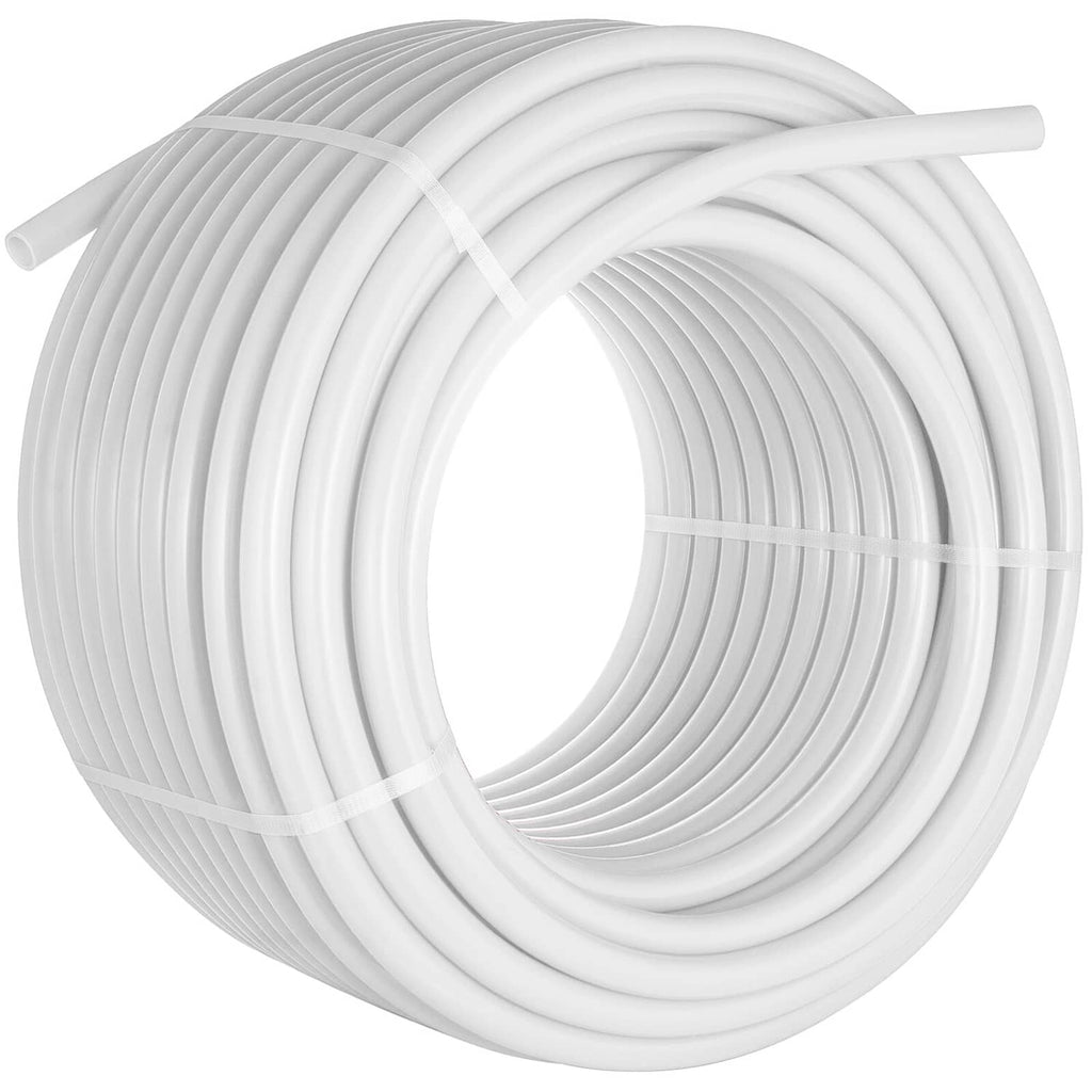 White PEX-B tubing coil with evenly spaced ridges