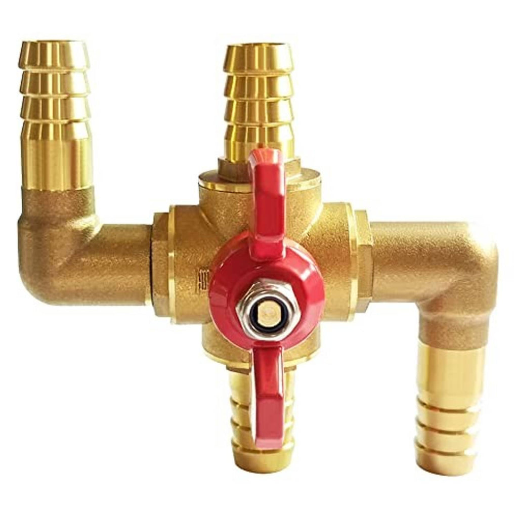 Brass four-way heater control valve with red vertical lever and barbed ends