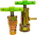 Hydraulic quick coupling with green handles, brass body, and threaded male fitting