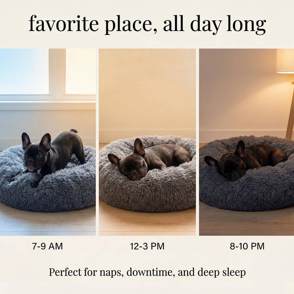 Dark grey plush dog bed shown in three positions with a small dog relaxing.