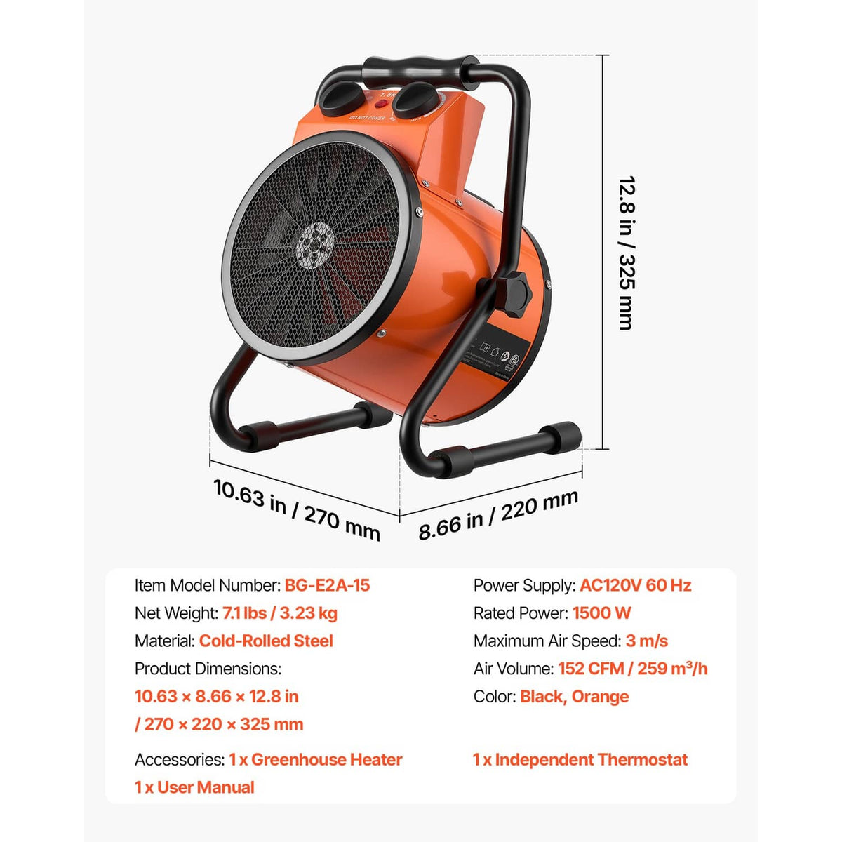 Orange portable electric heater with front mesh grill, black handle frame, and tripod feet