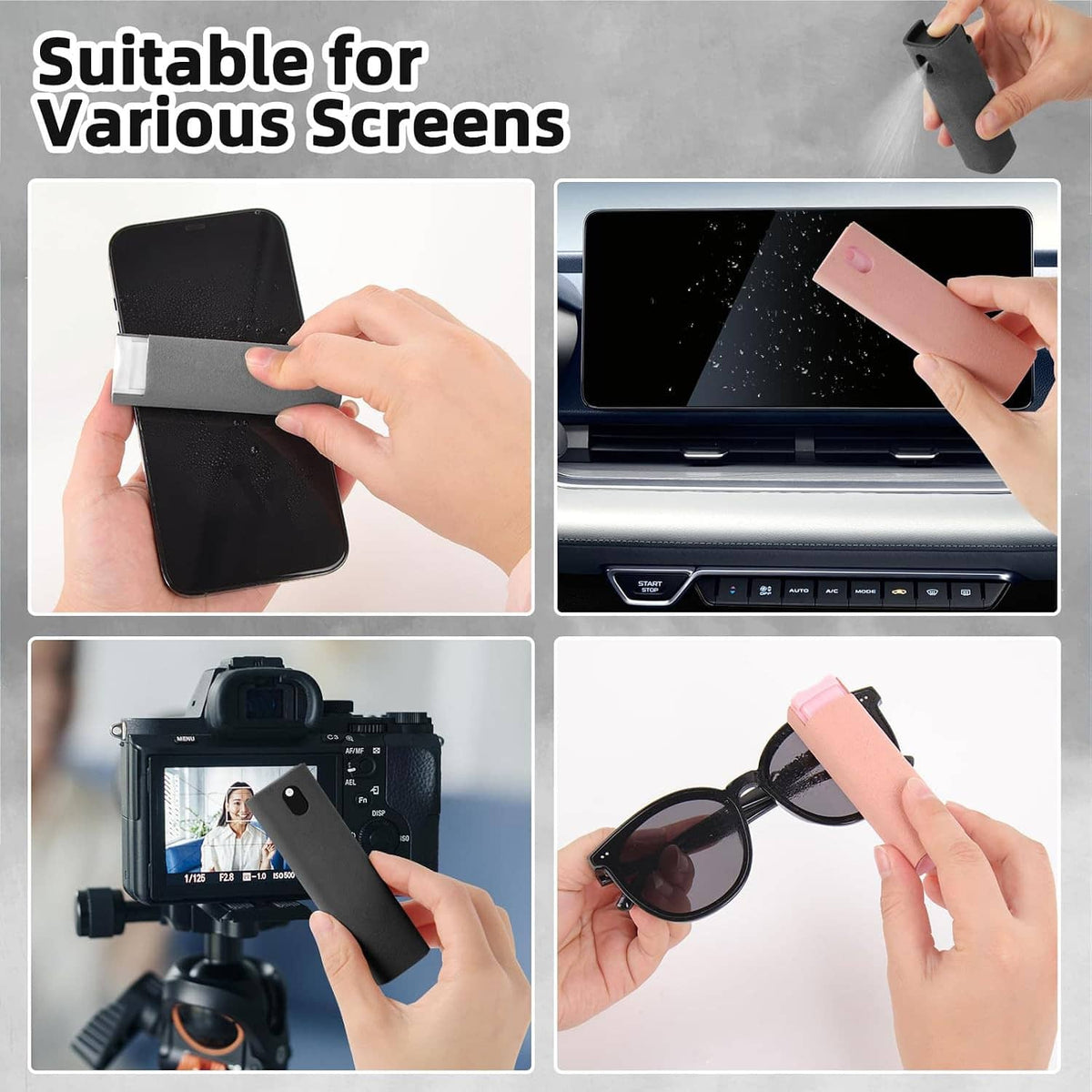 Screen cleaner kit with microfiber case used on phone, laptop, camera lens, and glasses