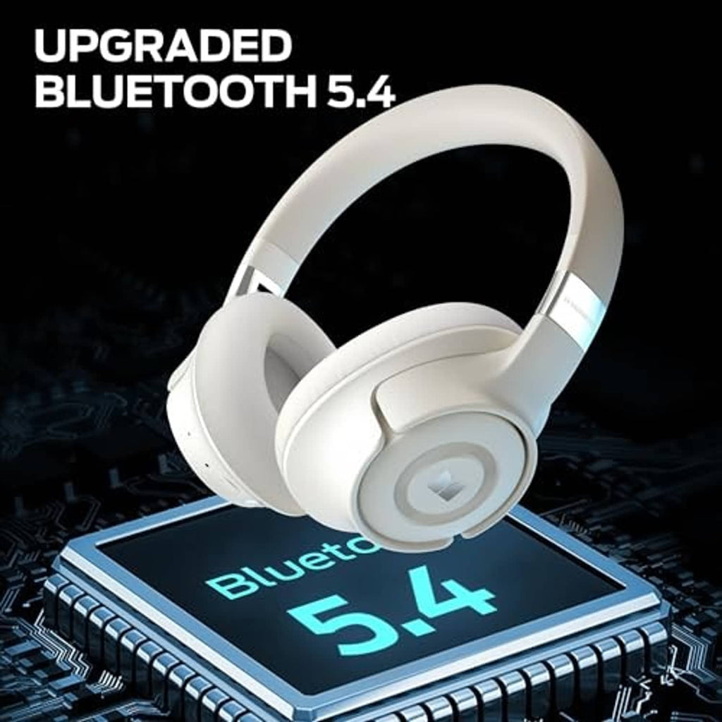 White over-ear Bluetooth headphones with foldable design and padded ear cups