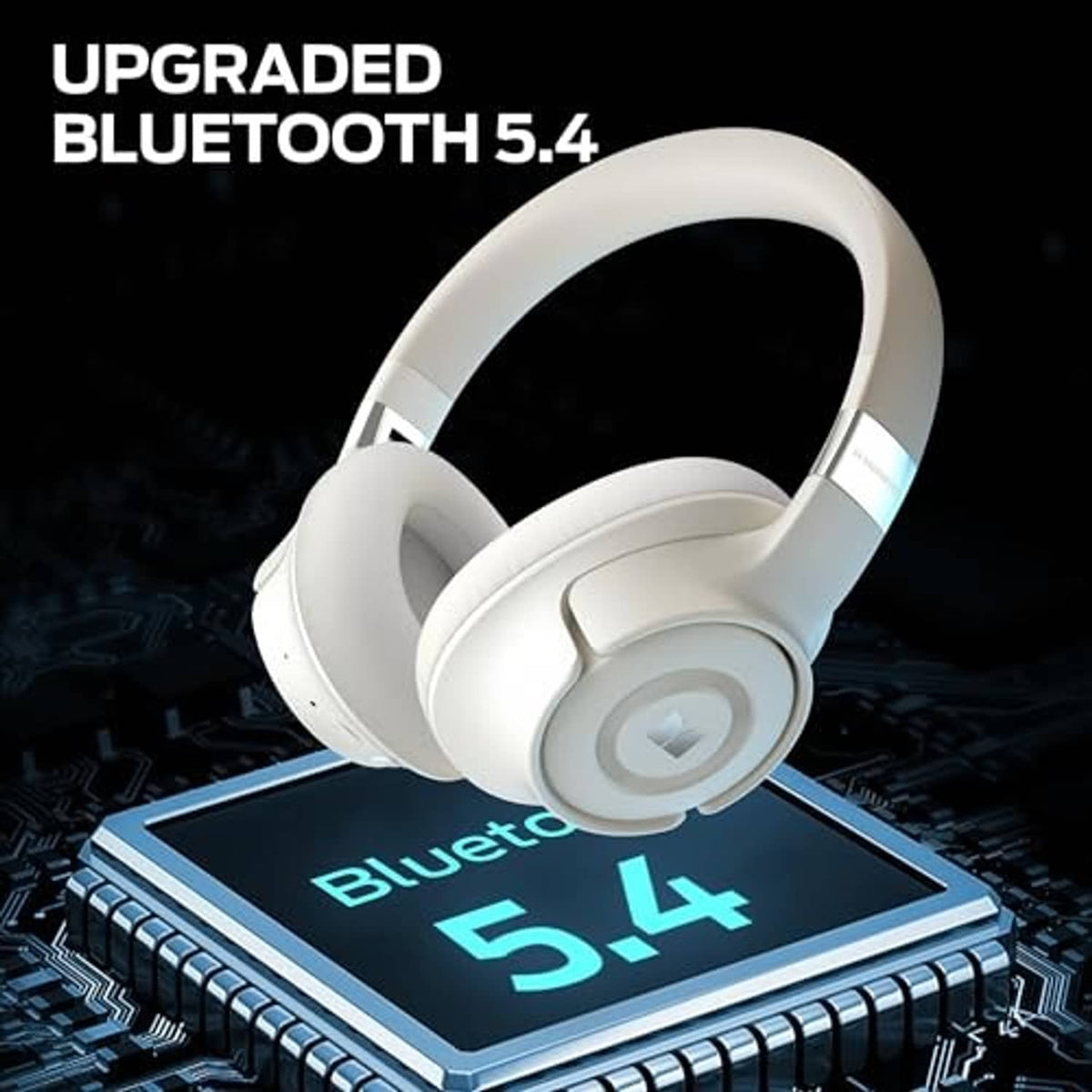 White over-ear Bluetooth headphones with foldable design and padded ear cups