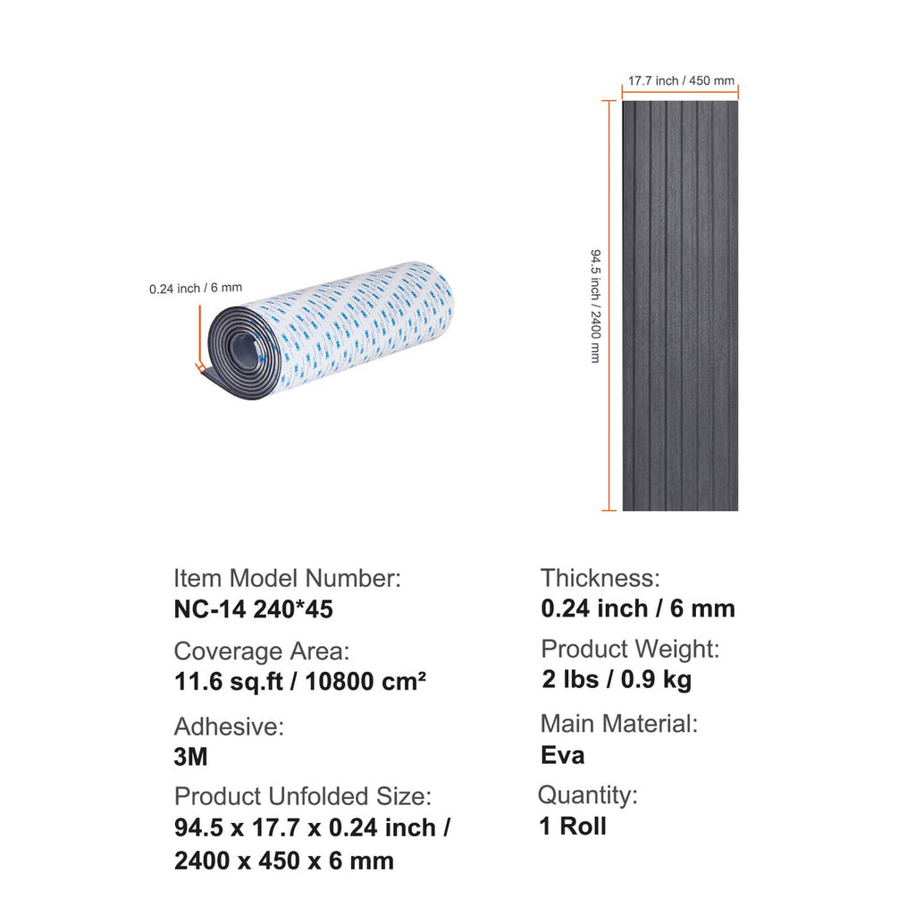 Rolled dark gray EVA foam deck flooring sheet with size and thickness layout