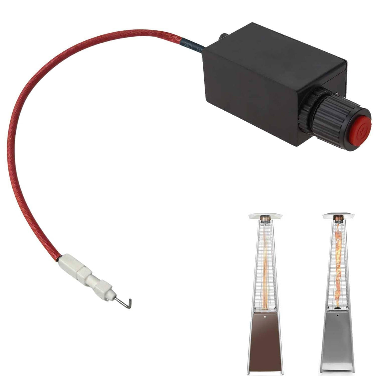 Electronic patio heater push-button igniter module with red cable and red button