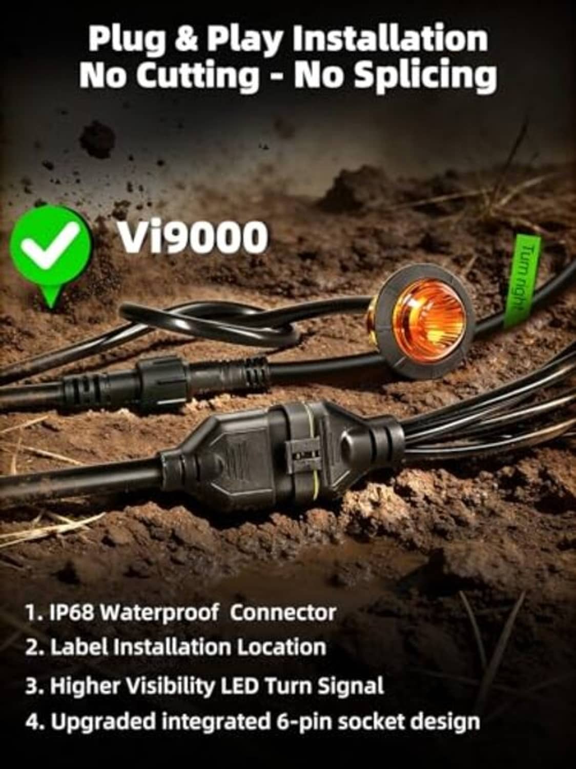UTV turn signal kit with waterproof connectors, relay box, and amber LED pod light