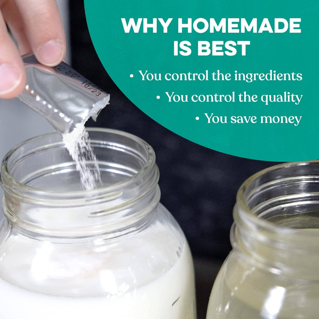 Freeze-dried kefir starter poured into glass jar from silver foil packet