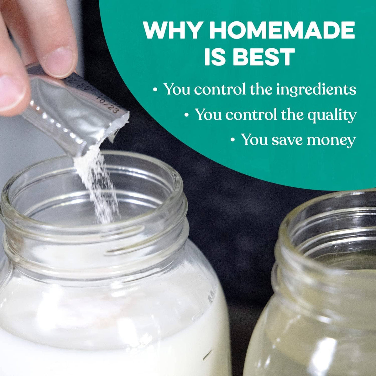 Freeze-dried kefir starter poured into glass jar from silver foil packet