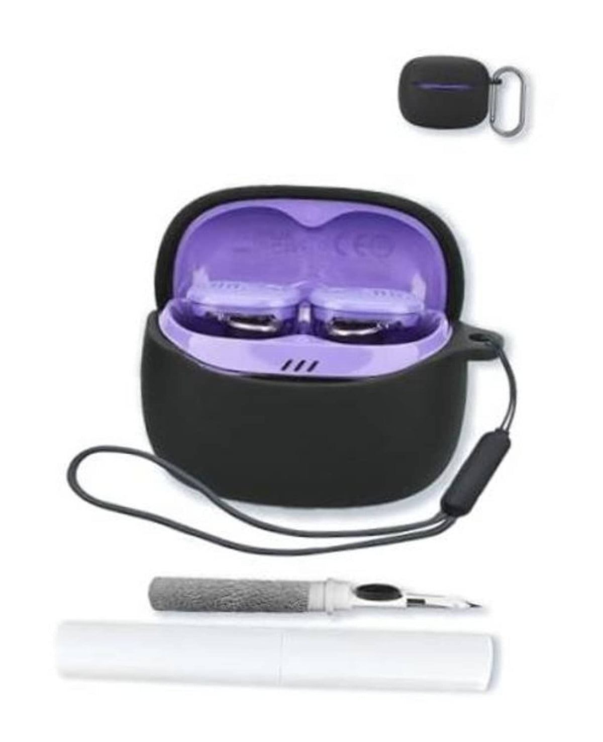 Soft black wireless earbud charging case with purple interior and strap