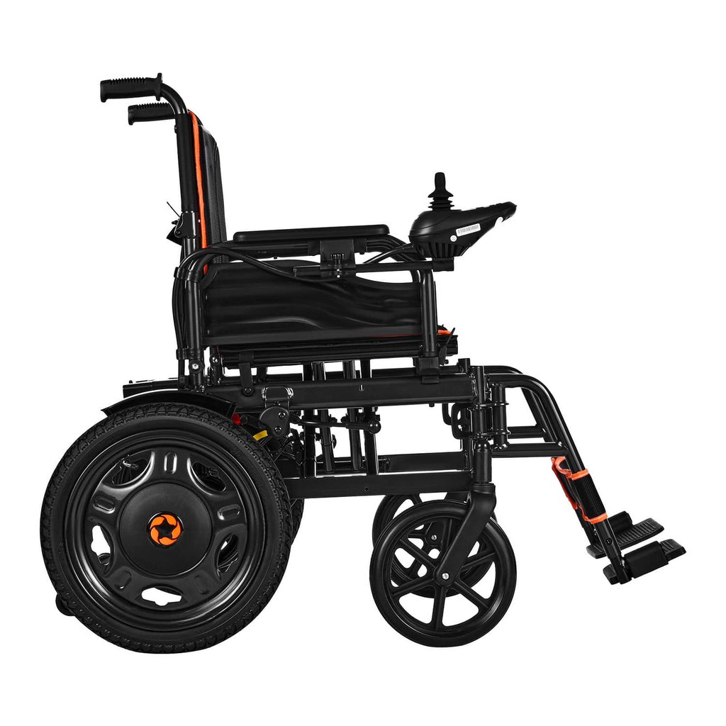 Foldable electric wheelchair with black frame, large all-terrain wheels, orange armrest accents
