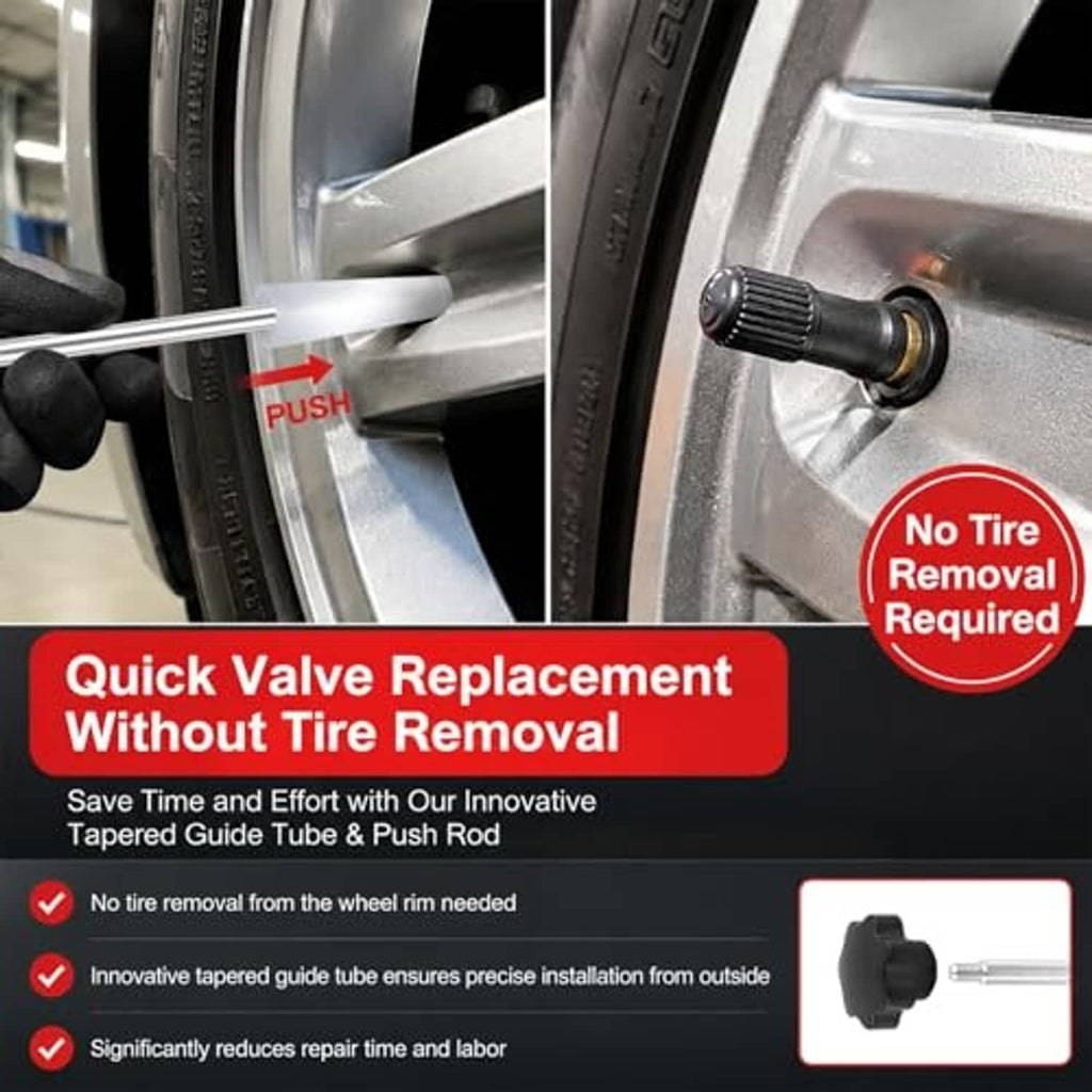 Quick valve replacement tool pressing into a tire rim with push guide