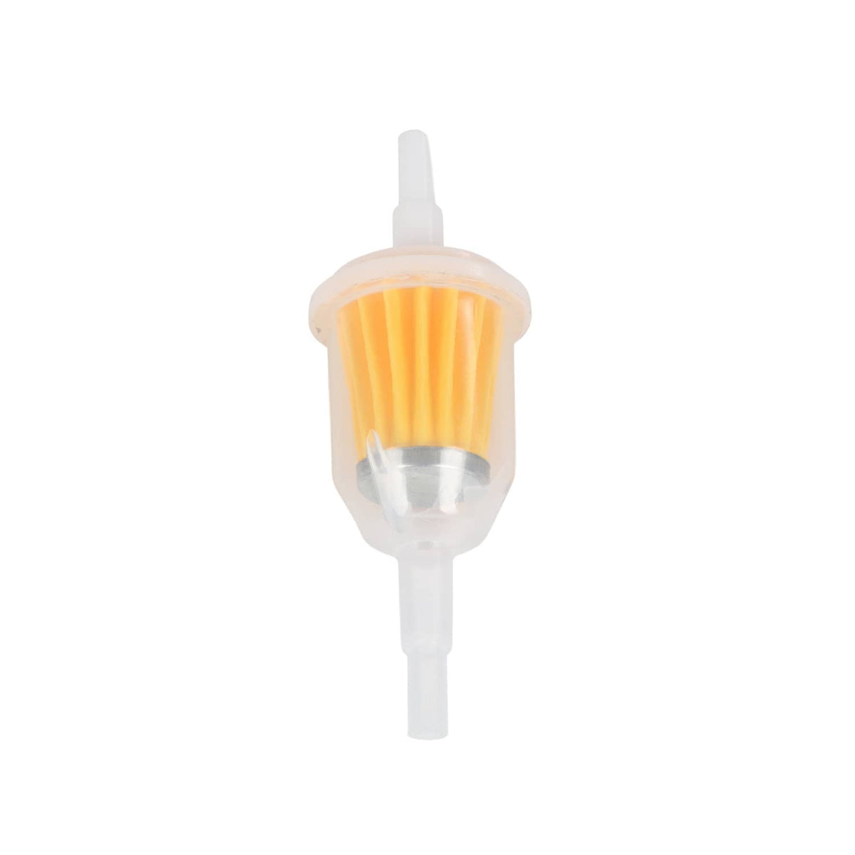 Inline fuel filter with orange media and white plastic body