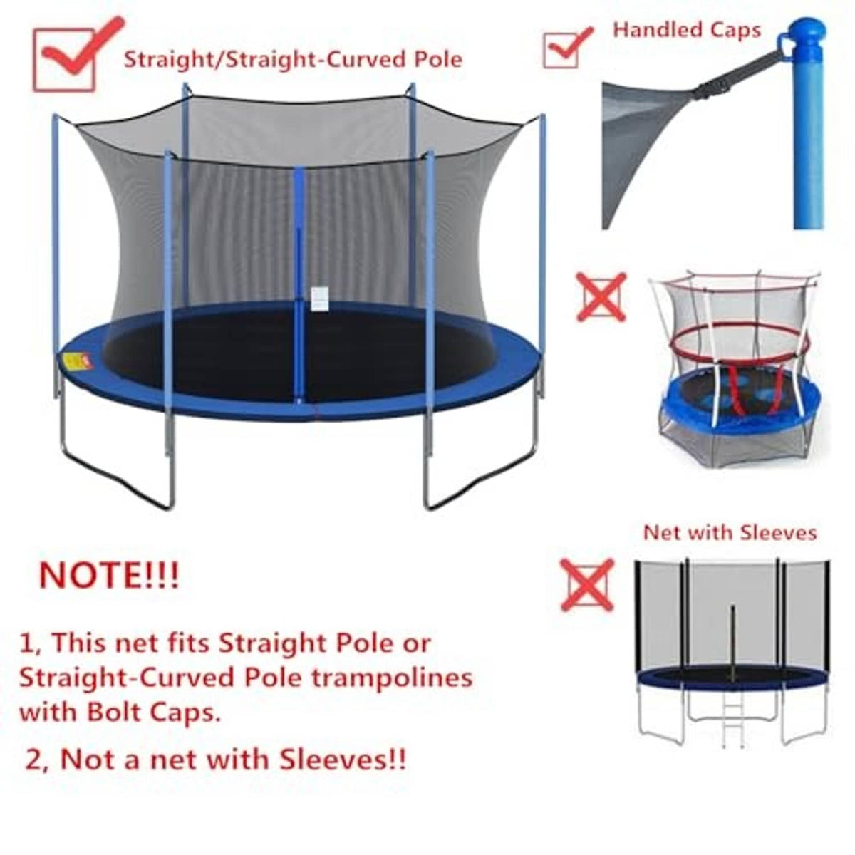 Trampoline safety net with gray mesh panels and blue attachment straps for straight poles