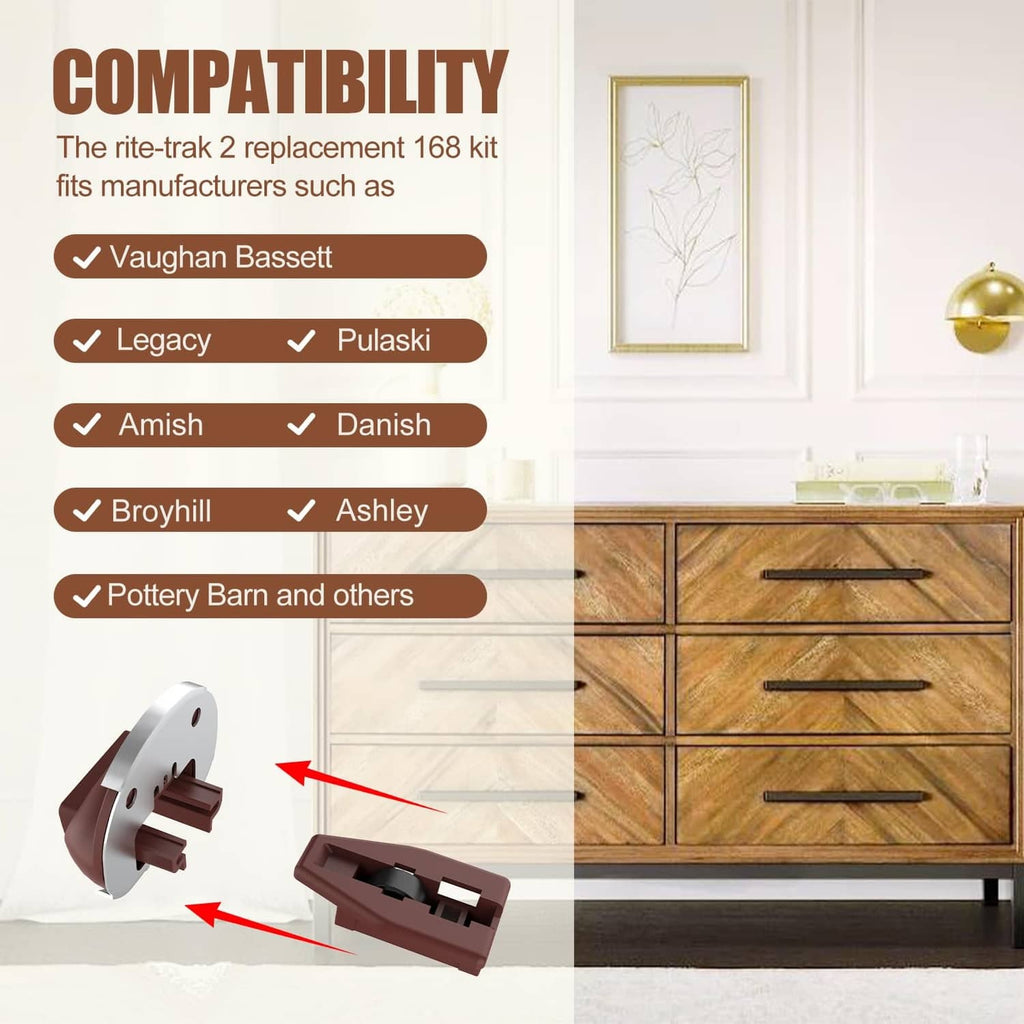 Dark brown drawer guide kit with oval guide and mounting screws, shown on cabinet drawer