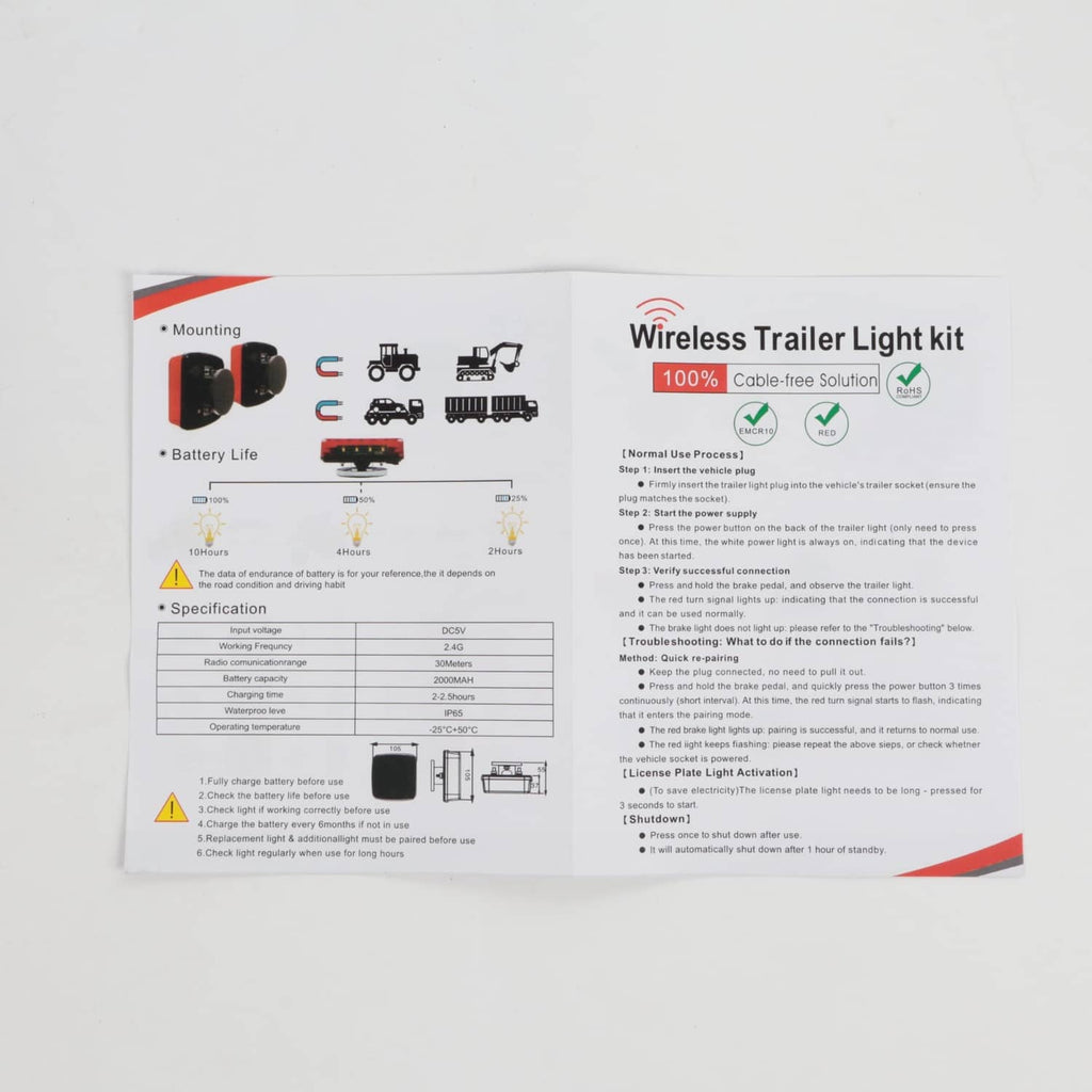 Wireless trailer light kit instruction sheet with diagrams and specifications