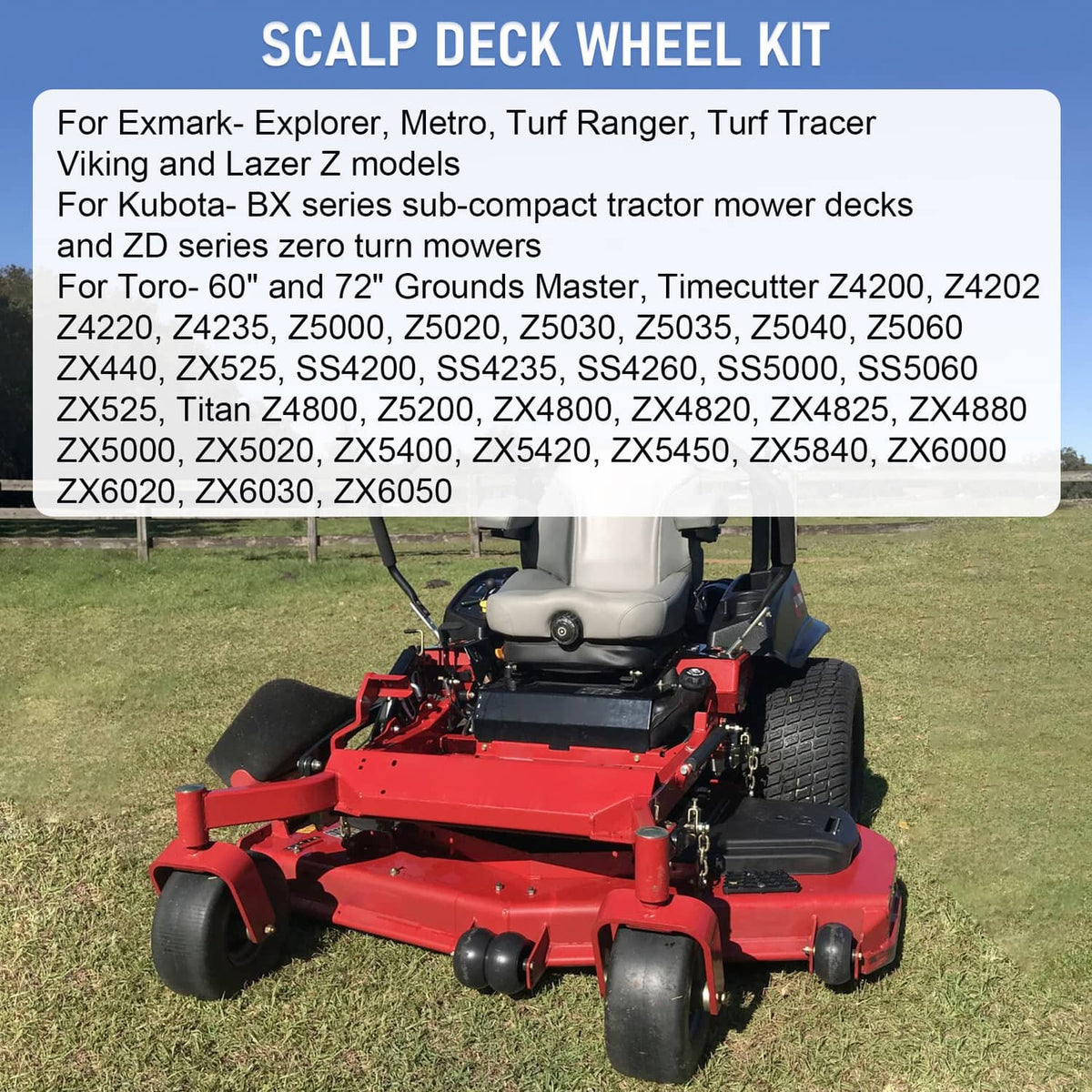 Scalp deck wheel kit with four black wheels shown on a riding mower