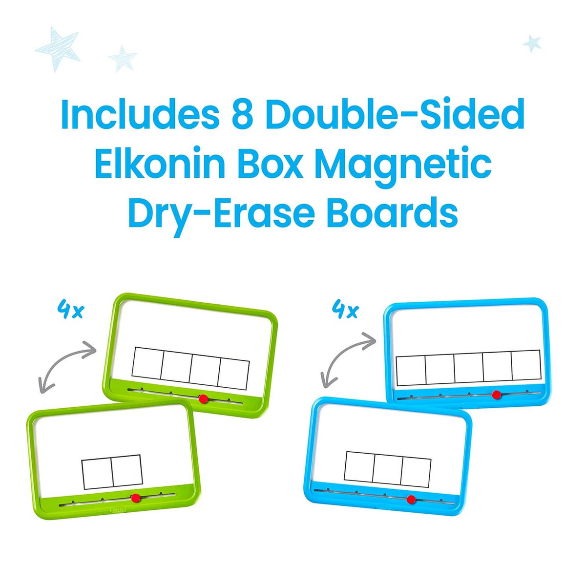 Elkonin Boxes magnetic dry-erase boards, 8 double-sided shown in blue and green