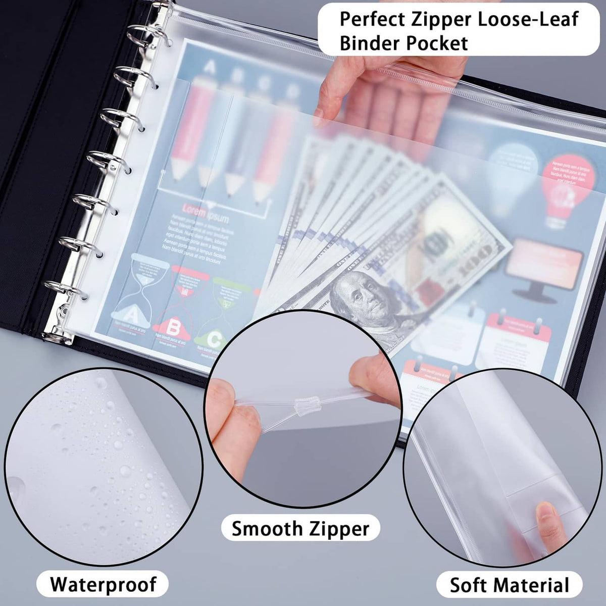 Checkbook binder with transparent zip pocket for loose-leaf pages