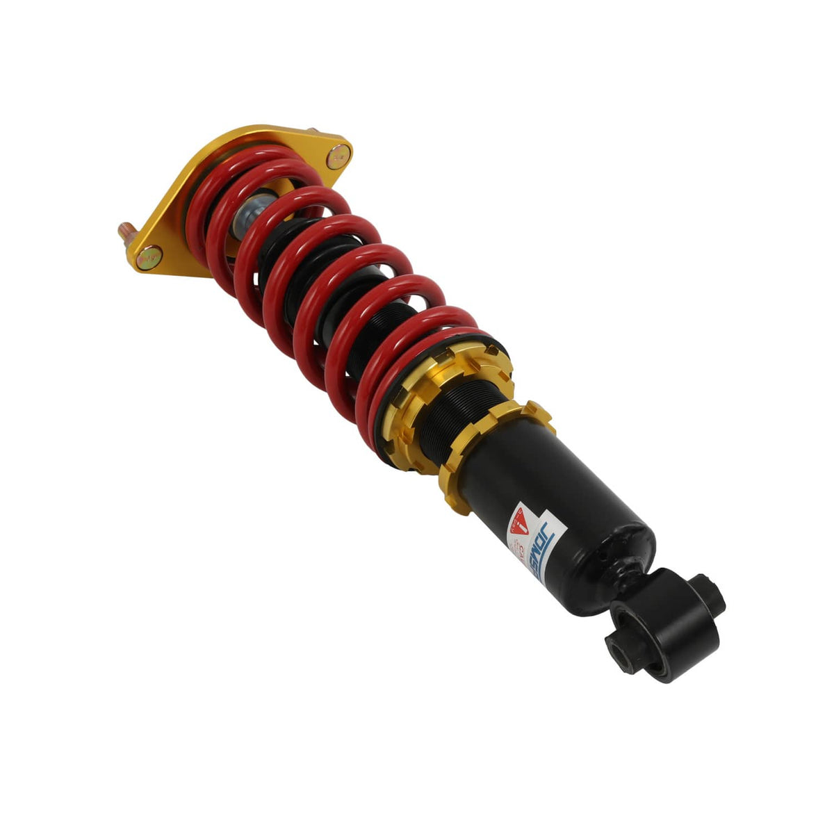 Coilover strut with gold top mount, red spring coils, and black damper