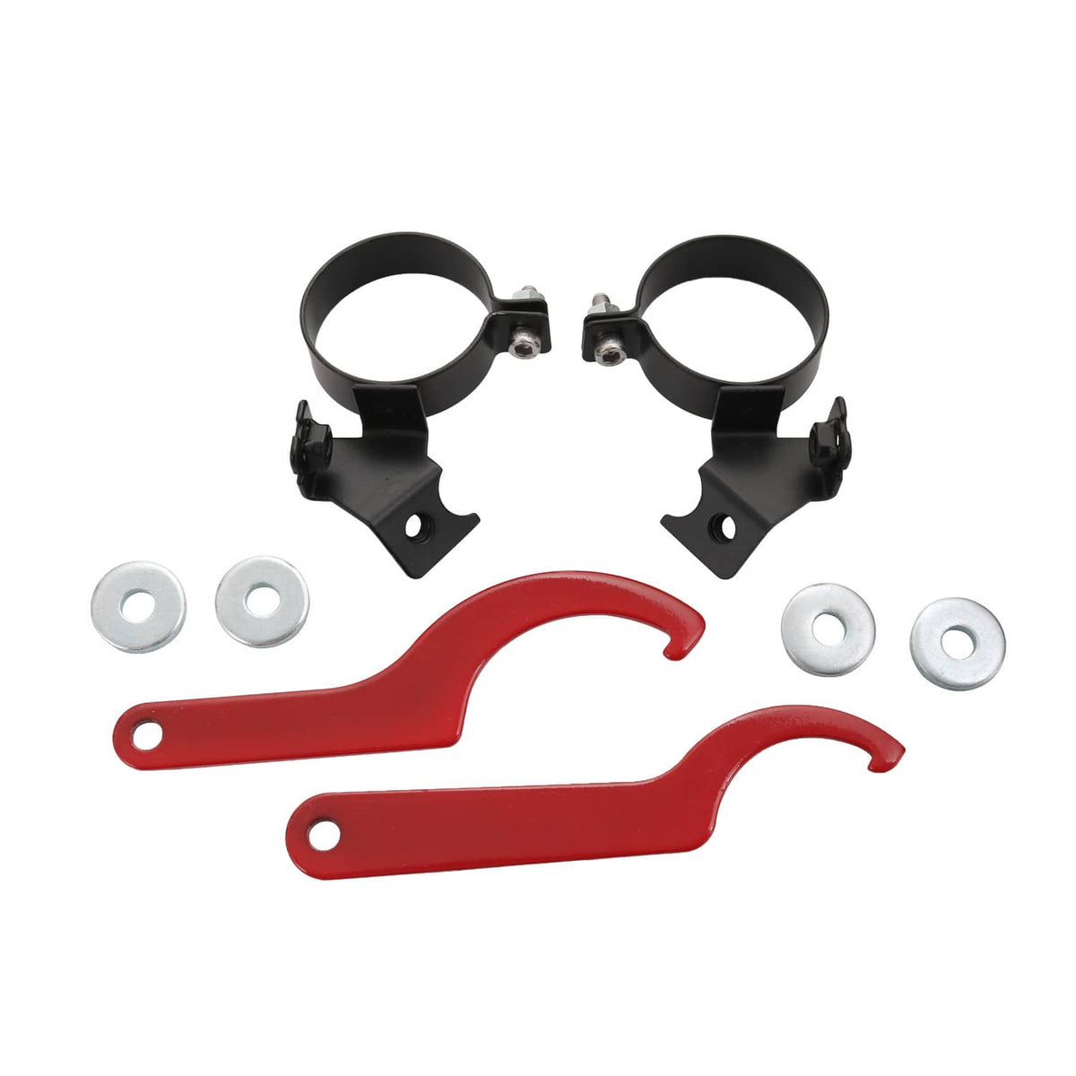 Coilover height adjustment hardware kit: black clamps, red levers, and mounting bolts.