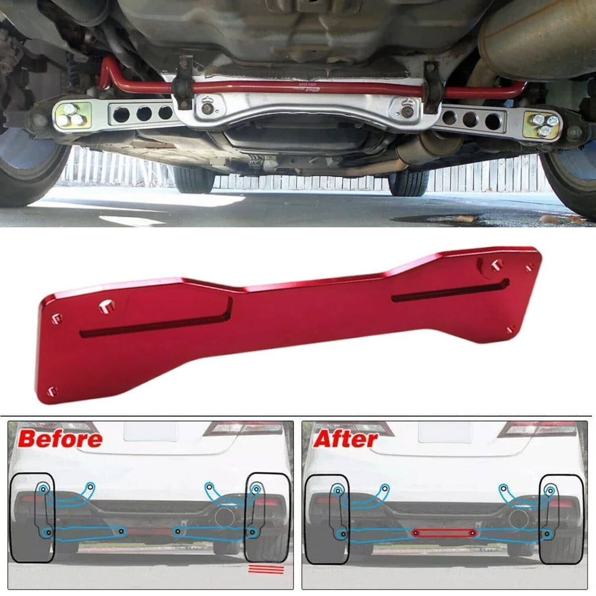 Red rear lower control arm subframe brace undercarriage view with before/after comparison