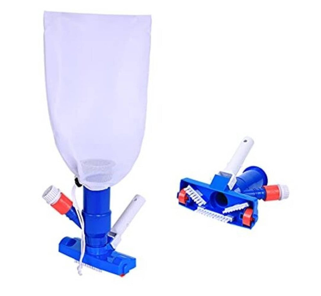 Pool jet vacuum cleaner with white mesh bag and blue floor brush attachment