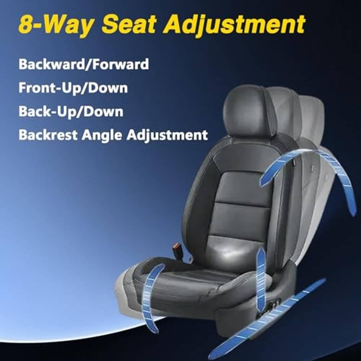 Power seat adjustment diagram showing 8-way directions and seat controls