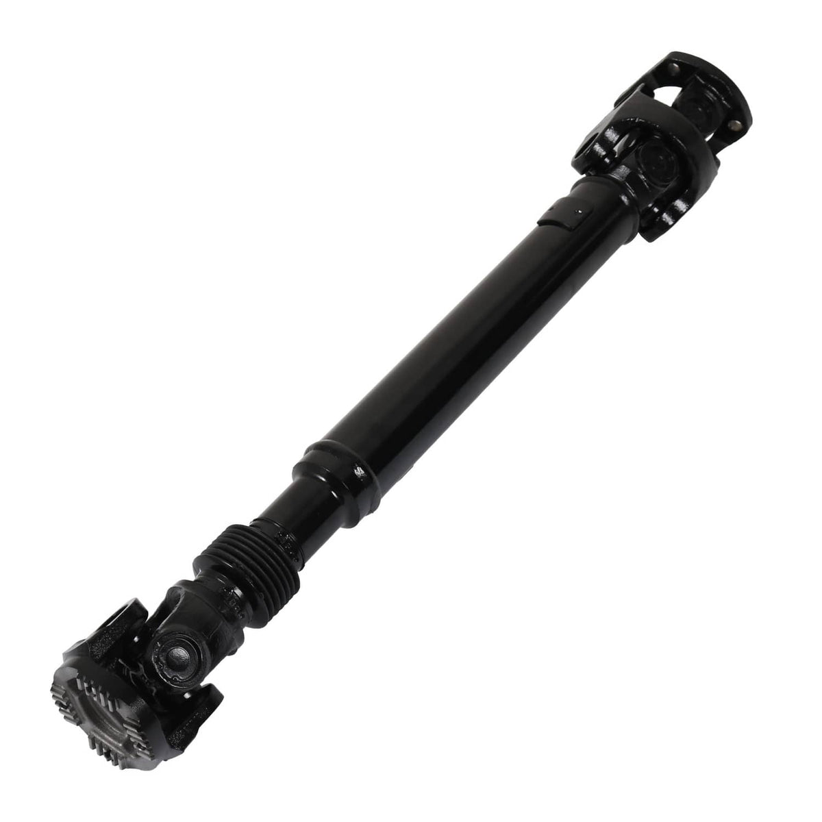 Black front driveshaft close angle showing splined joint and bearing housing