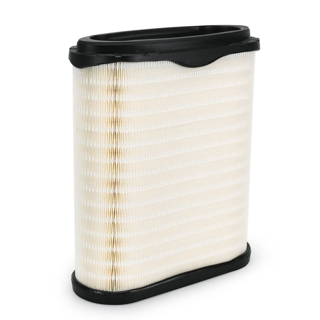 Engine air filter cartridge side view, white pleated core with black rubber seals