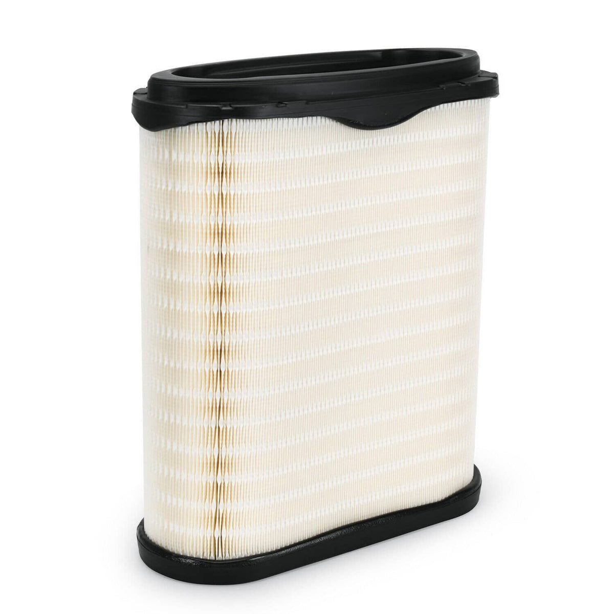 Engine air filter cartridge side view, white pleated core with black rubber seals