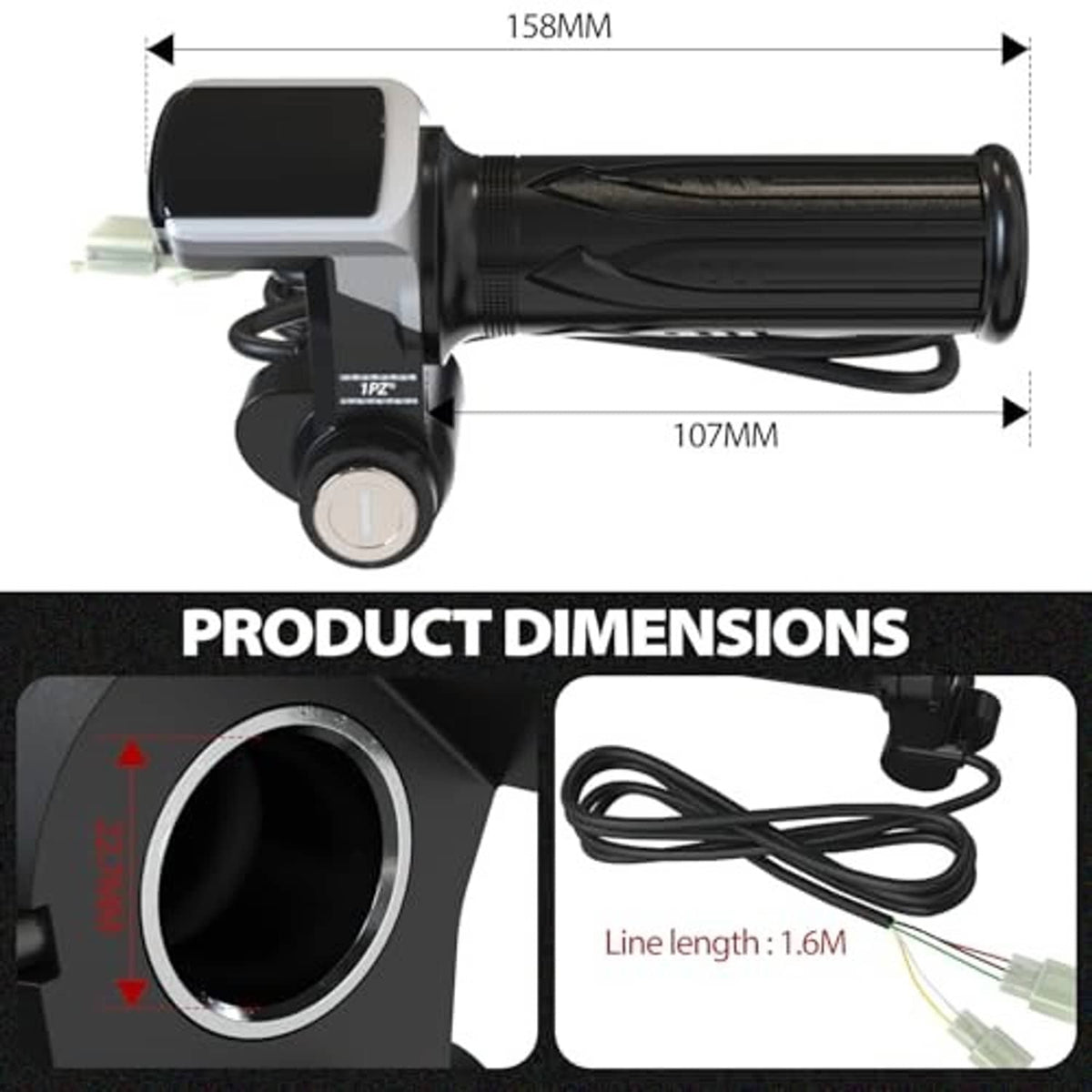 Twist throttle grip with LED display and cable, with product size diagram