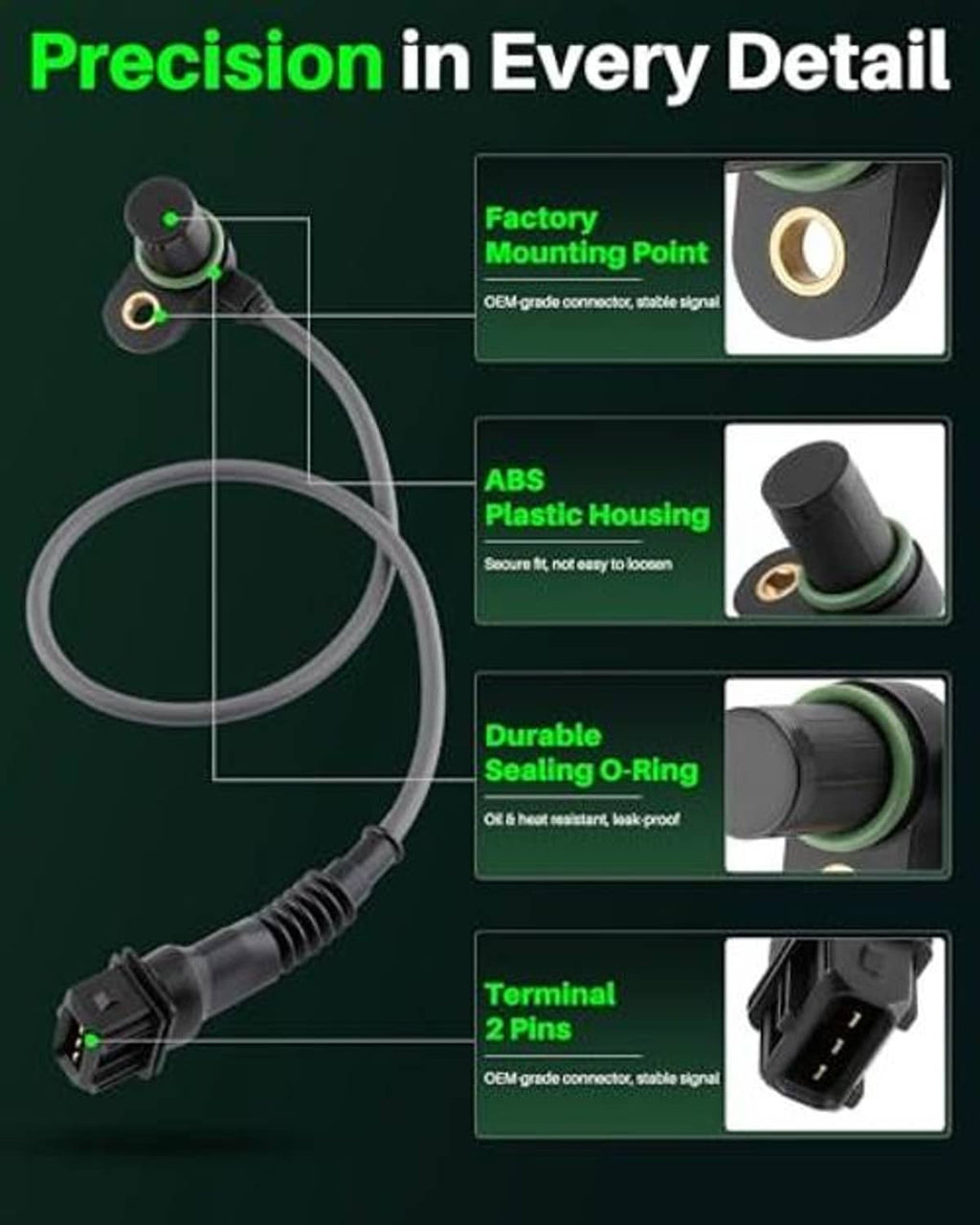 Sensor feature infographic: factory mounting point, ABS plastic housing, O-ring, 2-pin terminal
