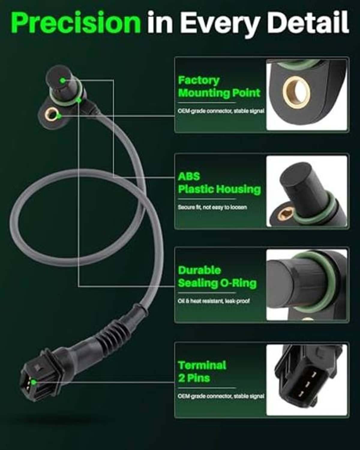 Sensor feature infographic: factory mounting point, ABS plastic housing, O-ring, 2-pin terminal