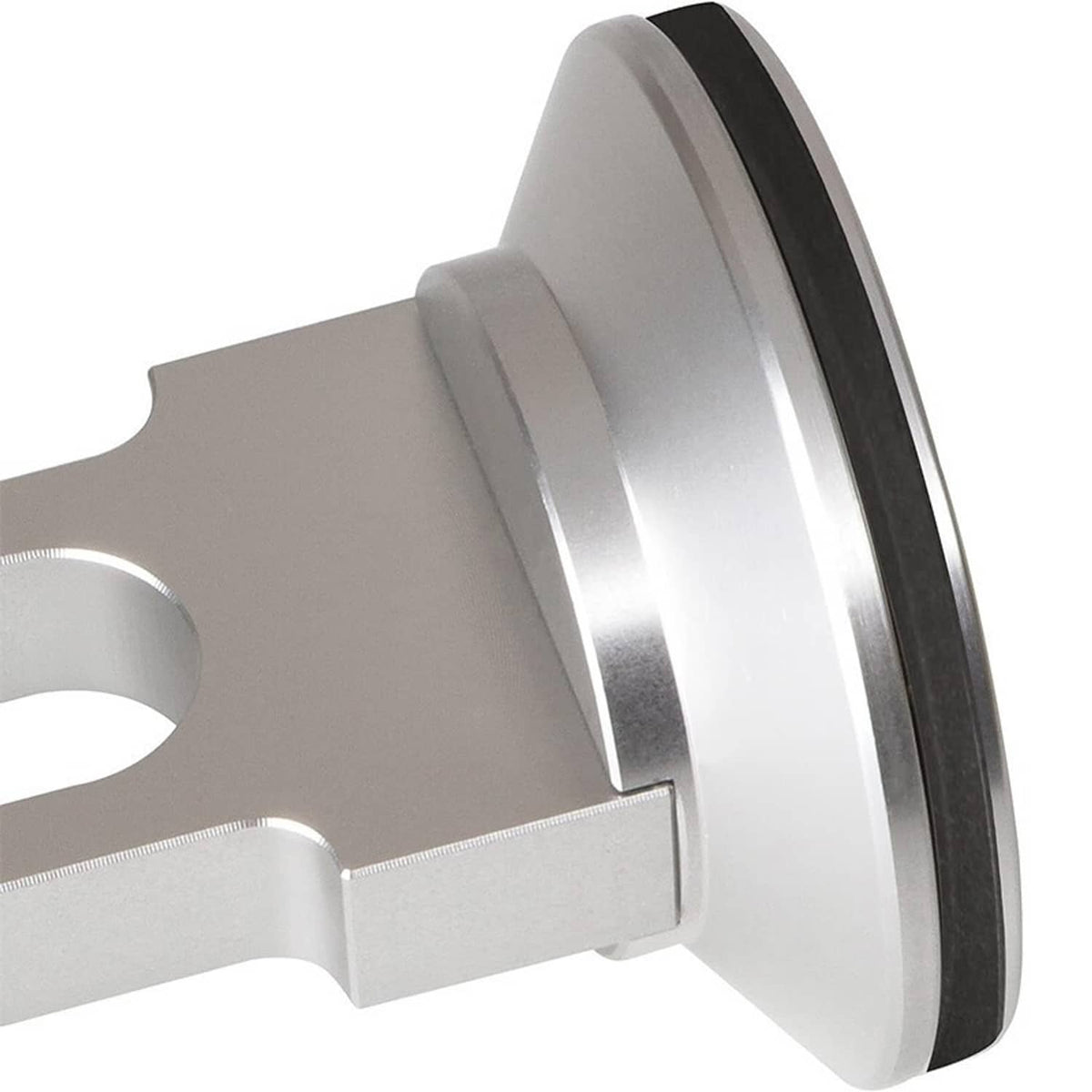 Metal bearing end with black rubber seal and mounting tab