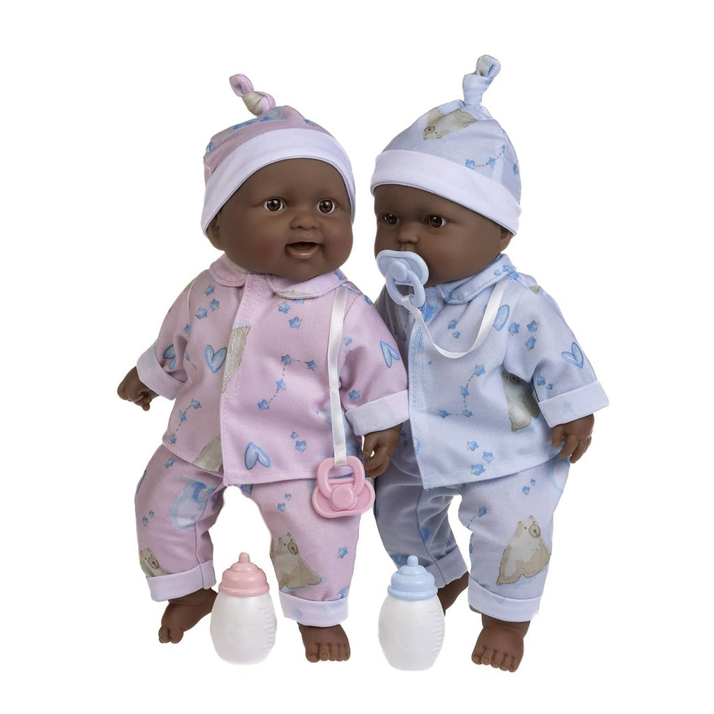 Twin soft body baby dolls, one pink and one blue, each with pacifier and bottle