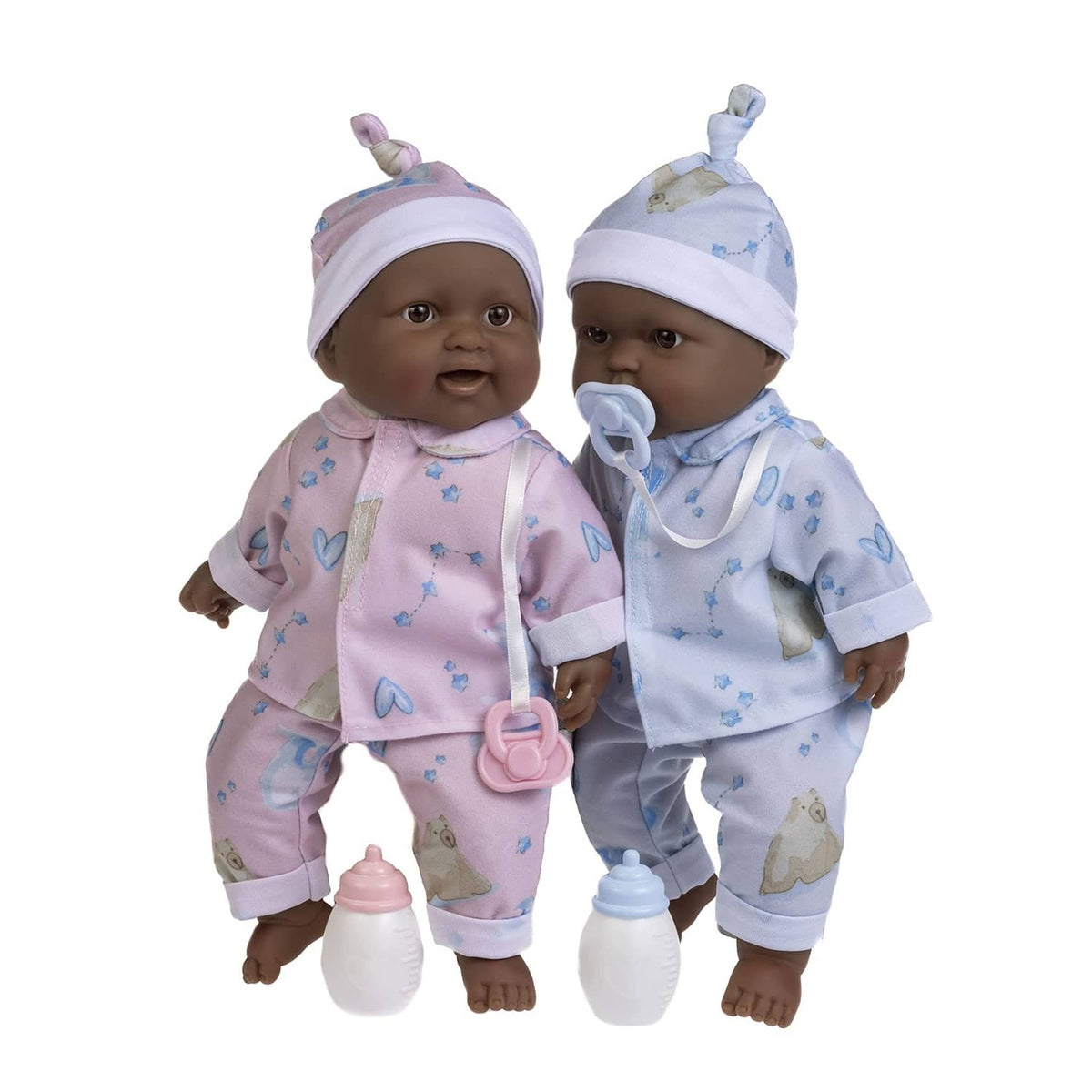 Twin soft body baby dolls, one pink and one blue, each with pacifier and bottle