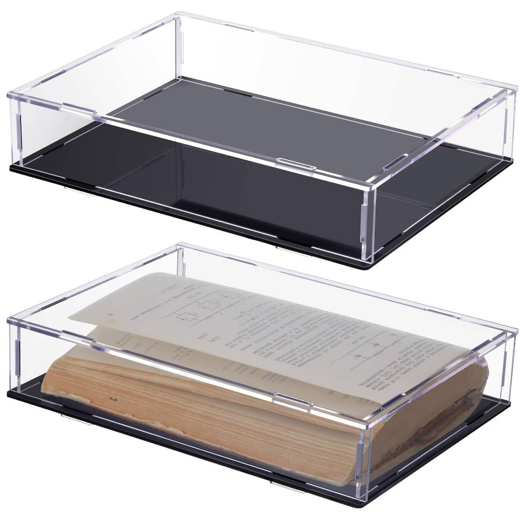 Clear acrylic book display case with black base, open top tray