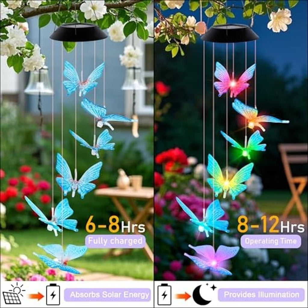 Solar butterfly wind chime featuring color-changing LED butterfly lights