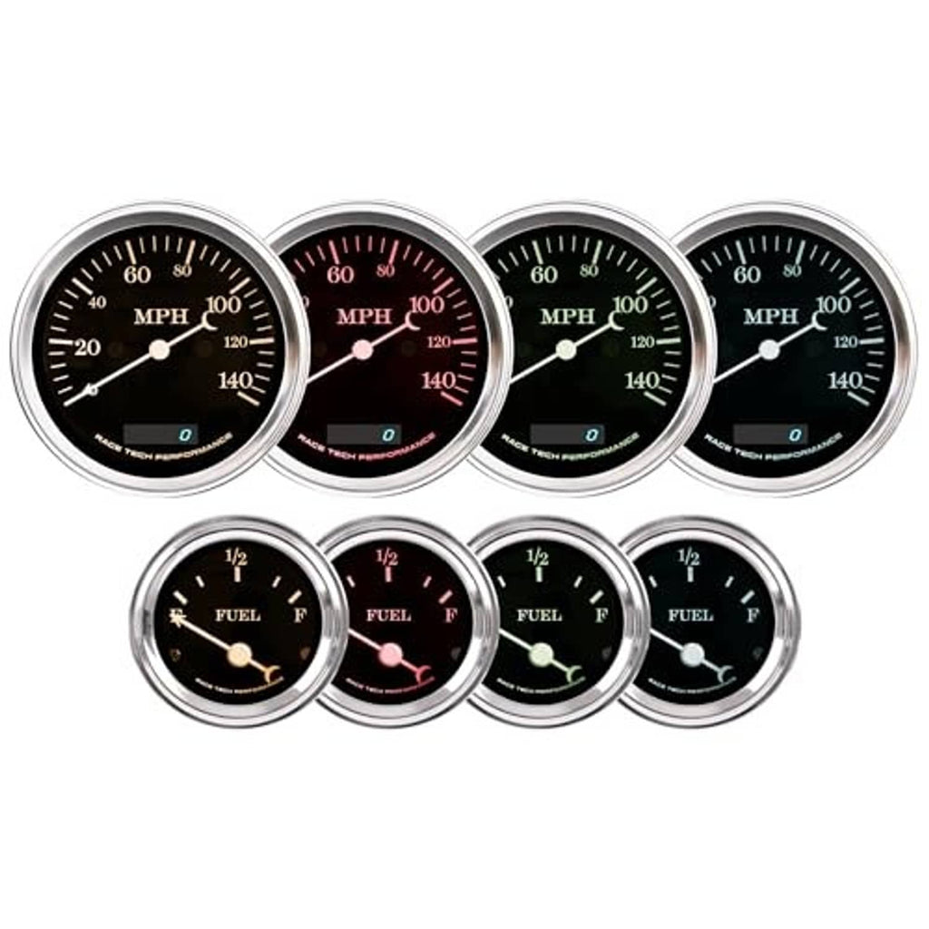 Four chrome-rimmed black gauges with smaller fuel and engine gauge cluster
