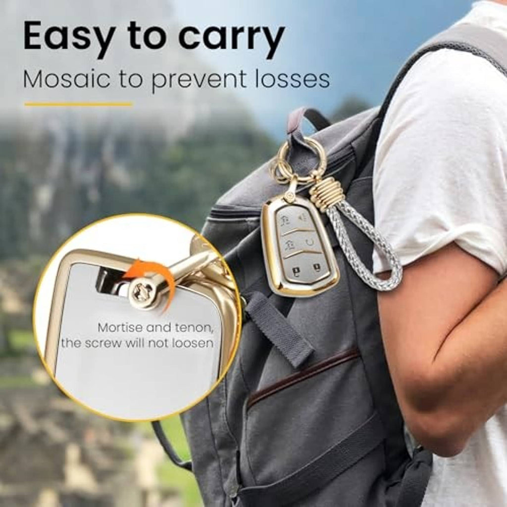 Gold key fob cover attached to a gray strap on a bag