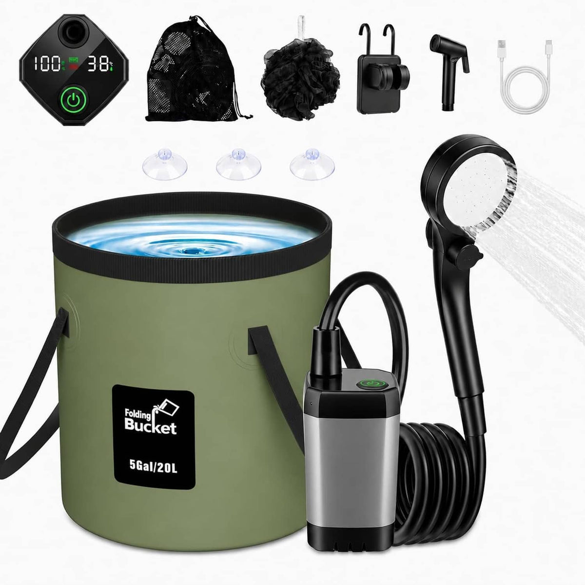 Portable shower bucket kit with pump, foldable shower head, hoses, and accessories