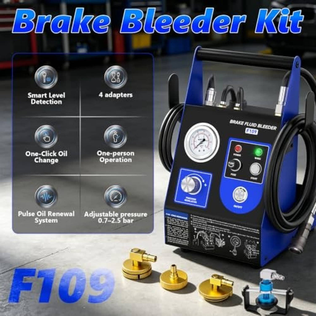 Brake bleeder kit with gauge, blue control panel, and four gold adapters