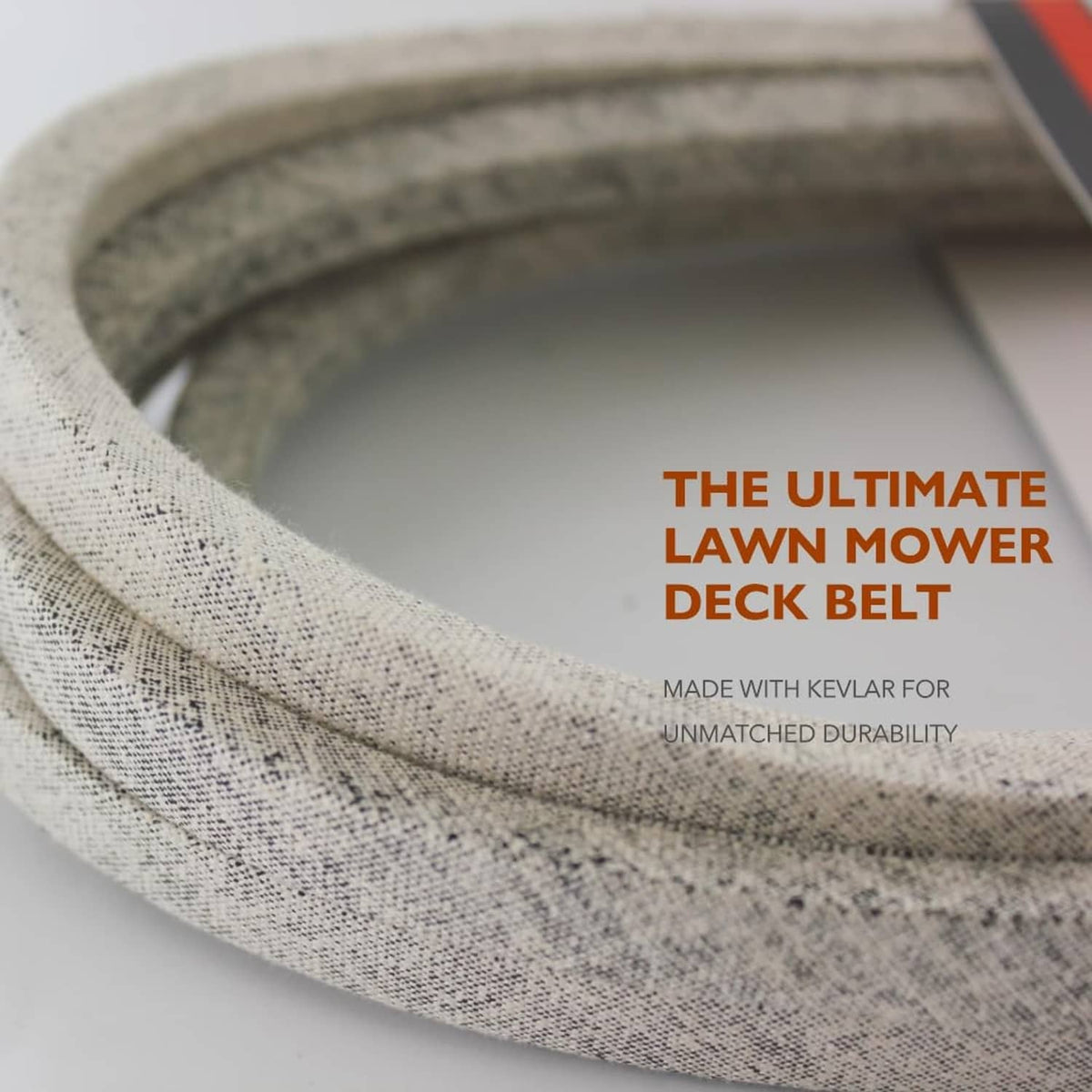 Gray aramid mower deck belt in close-up loop view with textured fabric