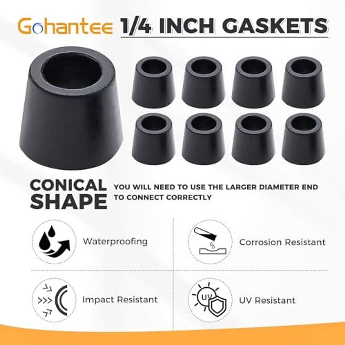 Black rubber conical gasket caps set, one large and five smaller open-center pieces
